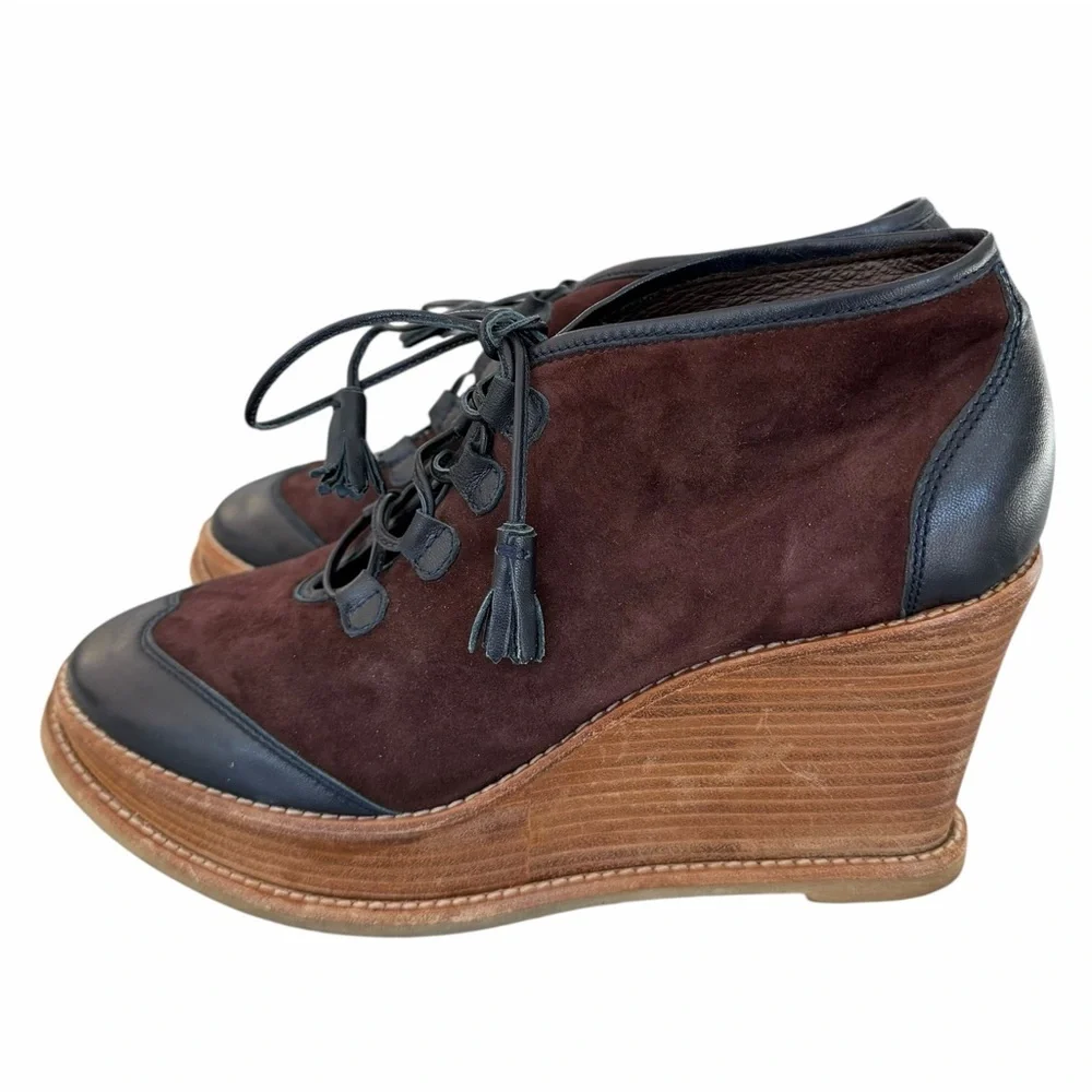 Comptoir des Cotonniers Navy Leather Brown Suede Fringe Lace Up Ankle Boots